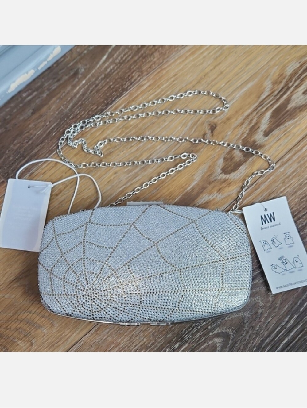 NWT MW Most Wanted Web Spiderweb Rhinestone Silver Gold Clutch Purse Handbag Bag